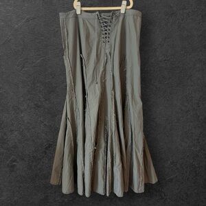 CAbi #450 Light Sage Lace-up Front Maxi Skirt Frayed Distressed Trim Size S